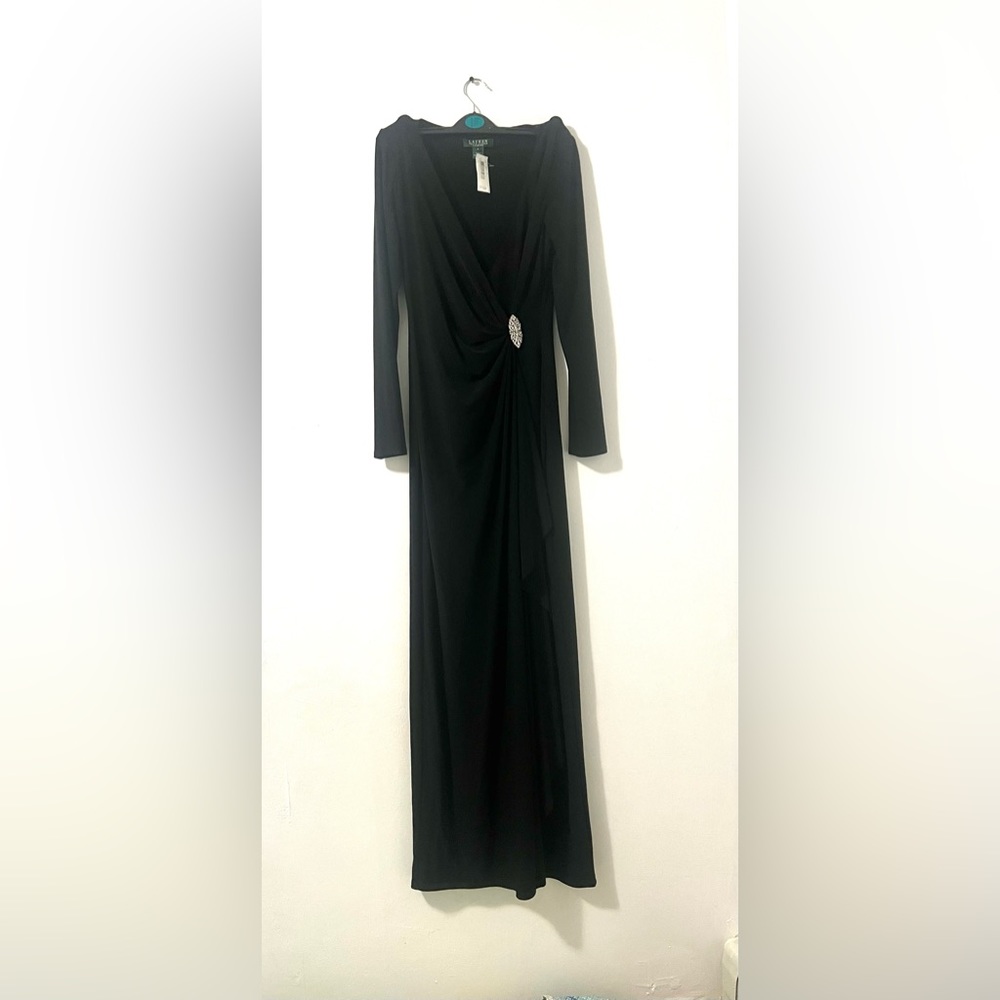 NWT Lauren Ralph Lauren Evening Women's Black Long Sleeve Wrap Dress Size 8